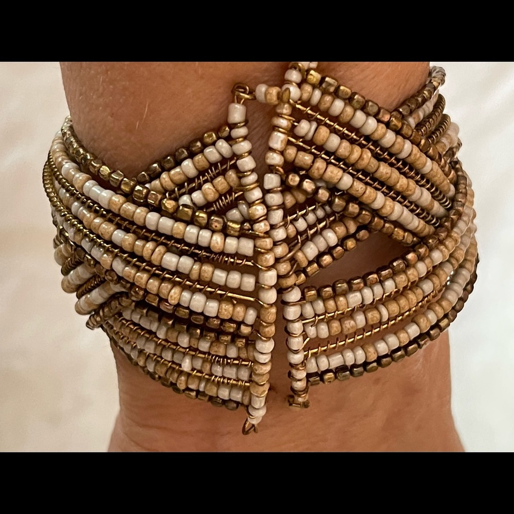 Boho Tan, White and Bronze Beaded and Braided Bracelet